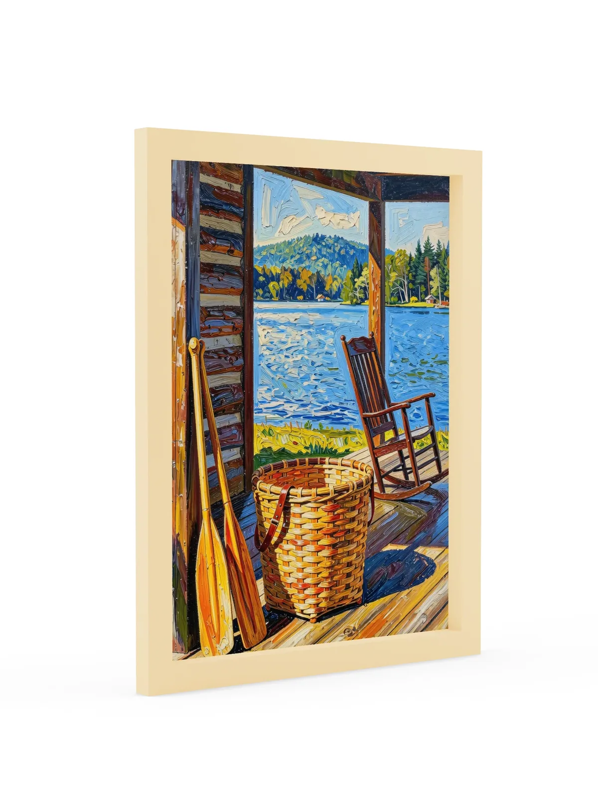 The Camp Porch as a 12 by 16 inch framed print in a natural wood frame: a camp porch with a woven pack basket, two canoe paddles against the log wall and an empty rocking chair facing the lake, in bold oil-painting brushstrokes.