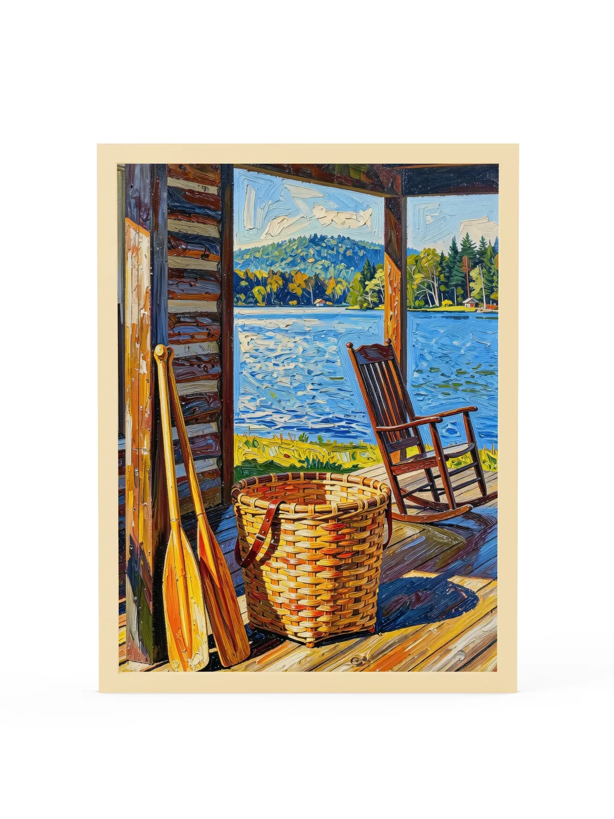 The Camp Porch as an 18 by 24 inch framed print in a natural wood frame: a camp porch with a woven pack basket, two canoe paddles against the log wall and an empty rocking chair facing the lake, in bold oil-painting brushstrokes.