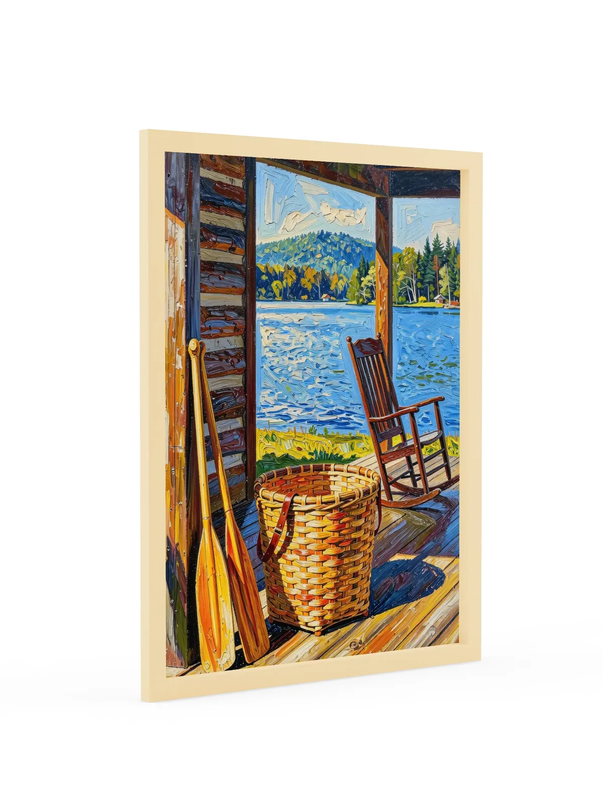 The Camp Porch as an 18 by 24 inch framed print in a natural wood frame: a camp porch with a woven pack basket, two canoe paddles against the log wall and an empty rocking chair facing the lake, in bold oil-painting brushstrokes.