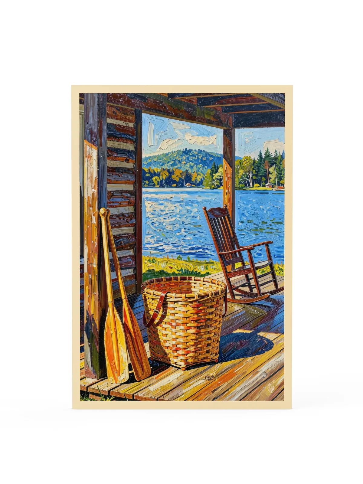 The Camp Porch as a 24 by 36 inch framed print in a natural wood frame: a camp porch with a woven pack basket, two canoe paddles against the log wall and an empty rocking chair facing the lake, in bold oil-painting brushstrokes.