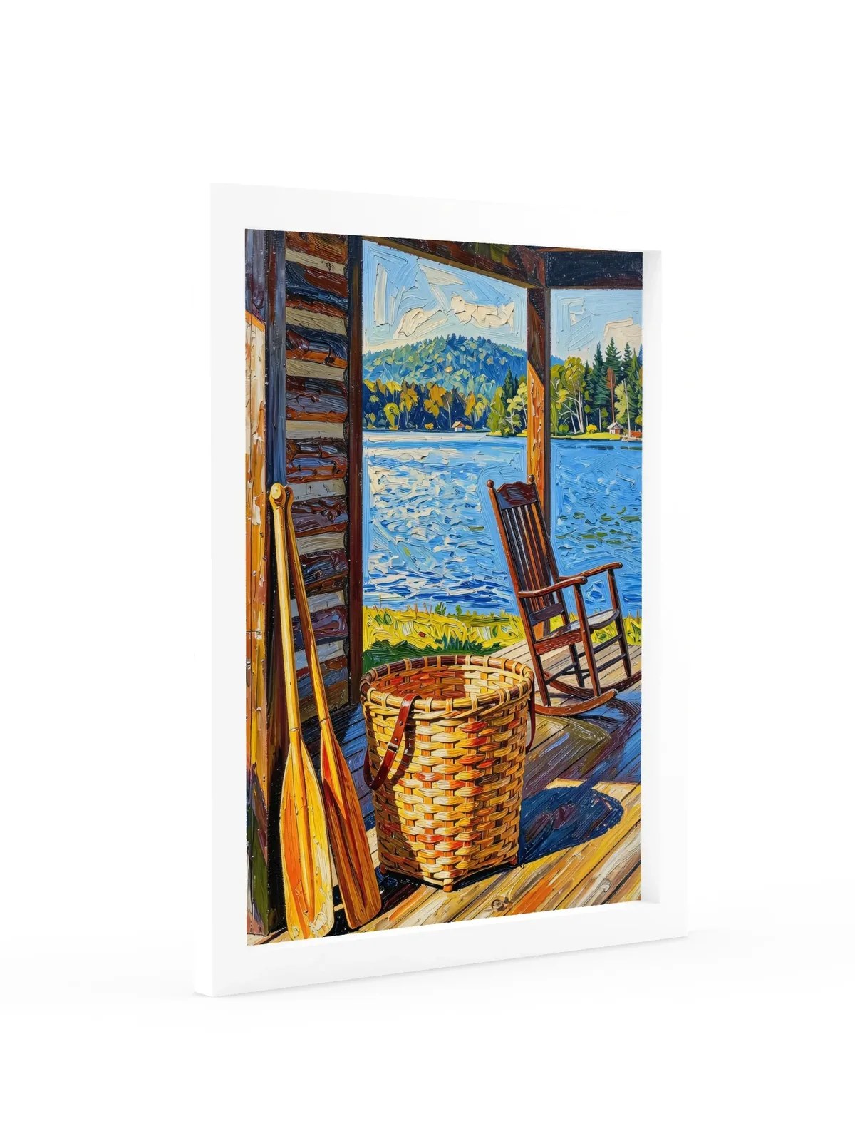 The Camp Porch as a 12 by 16 inch framed print in a white frame: a camp porch with a woven pack basket, two canoe paddles against the log wall and an empty rocking chair facing the lake, in bold oil-painting brushstrokes.