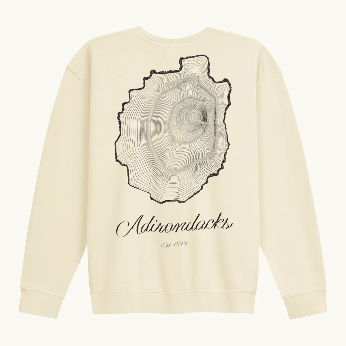 Tree Ring Crewneck in Ivory, back: the Ring & Ridge tree rings in the shape of the Adirondack Park.