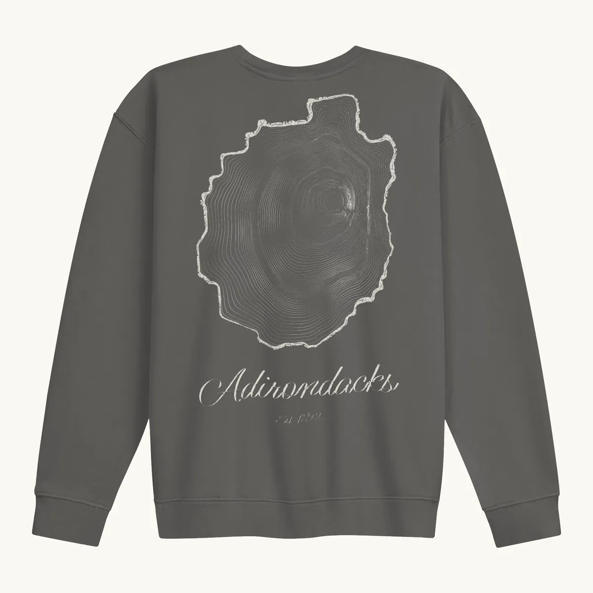 Tree Ring Crewneck in Pepper, back: the Ring & Ridge tree rings in the shape of the Adirondack Park.