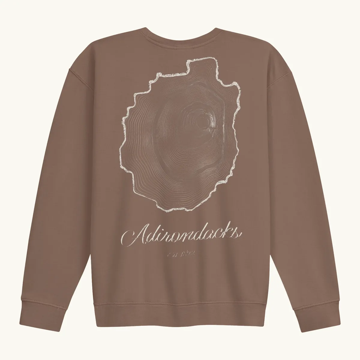 Tree Ring Crewneck in Espresso, back: the Ring & Ridge tree rings in the shape of the Adirondack Park.