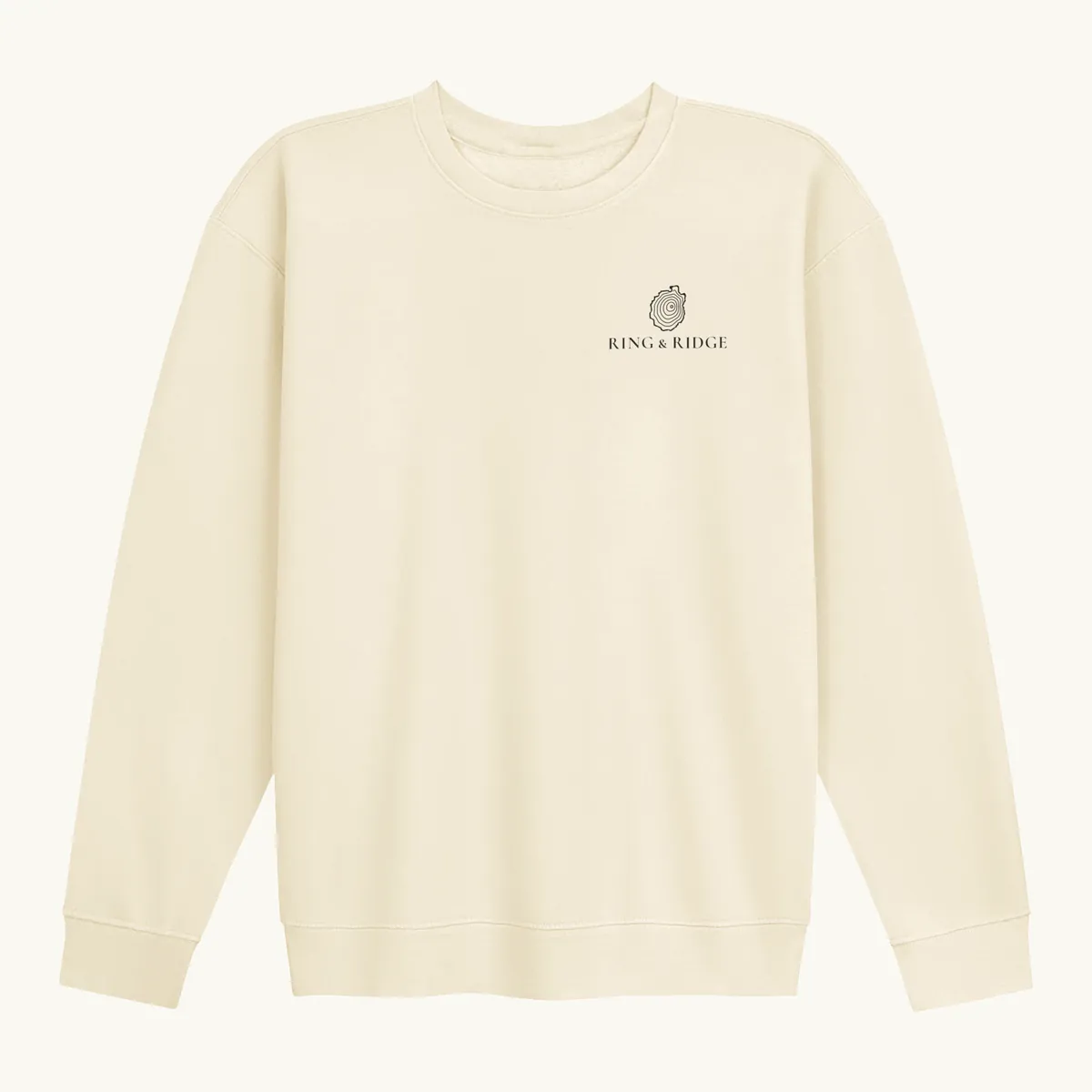 Tree Ring Crewneck in Ivory, front: the Ring & Ridge tree rings in the shape of the Adirondack Park.