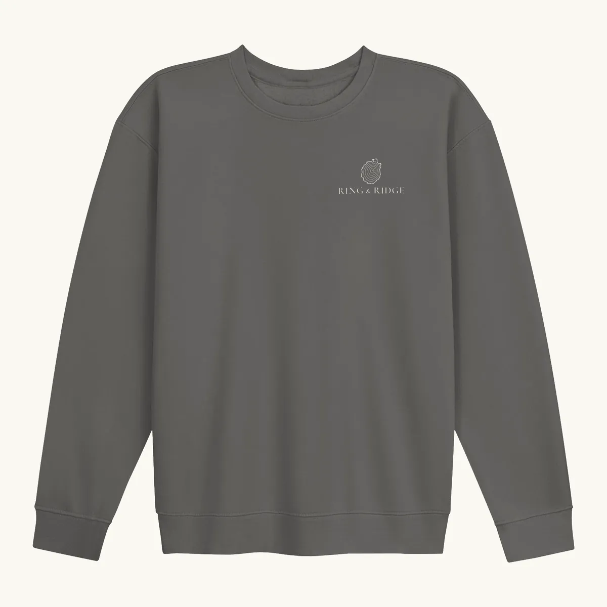 Tree Ring Crewneck in Pepper, front: the Ring & Ridge tree rings in the shape of the Adirondack Park.