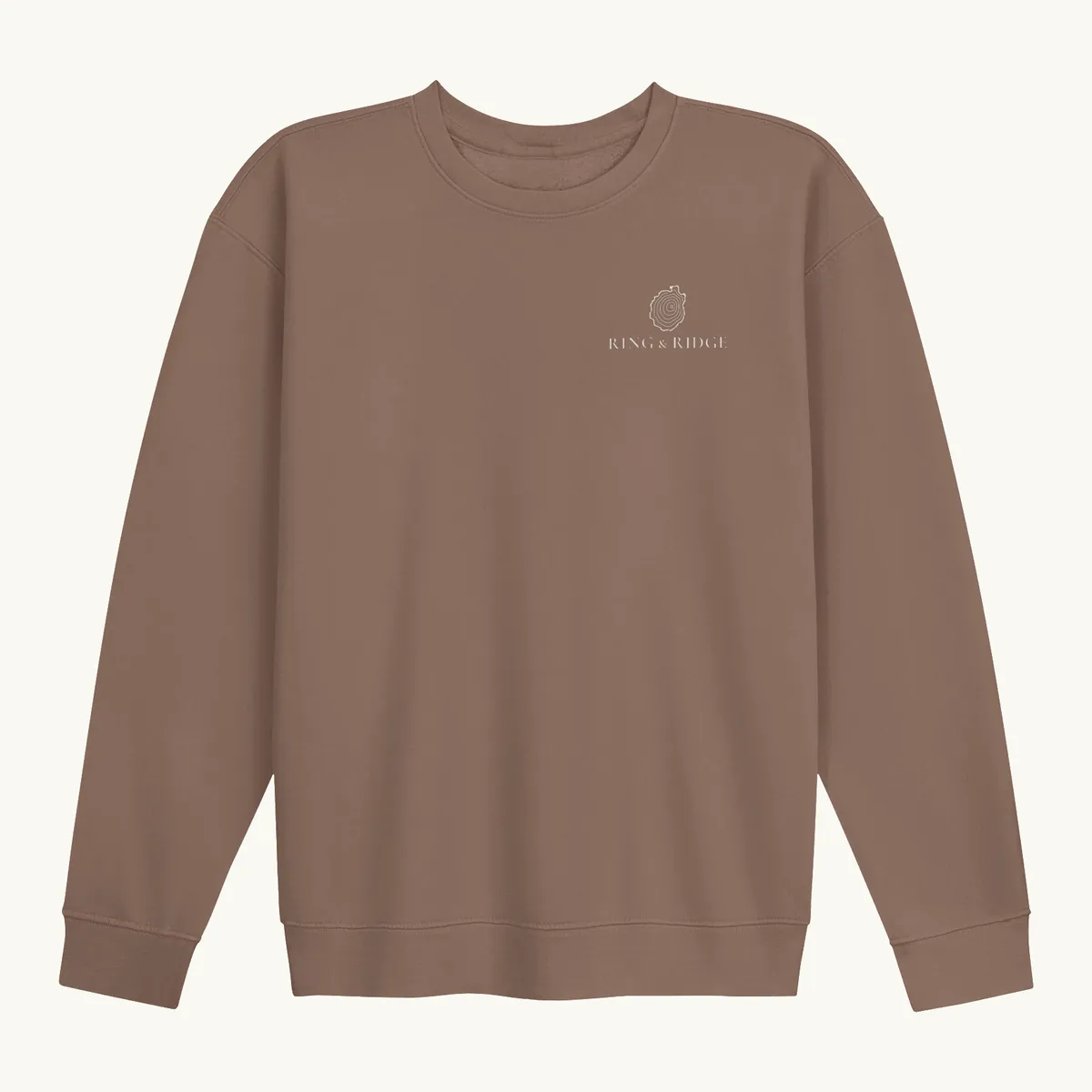 Tree Ring Crewneck in Espresso, front: the Ring & Ridge tree rings in the shape of the Adirondack Park.