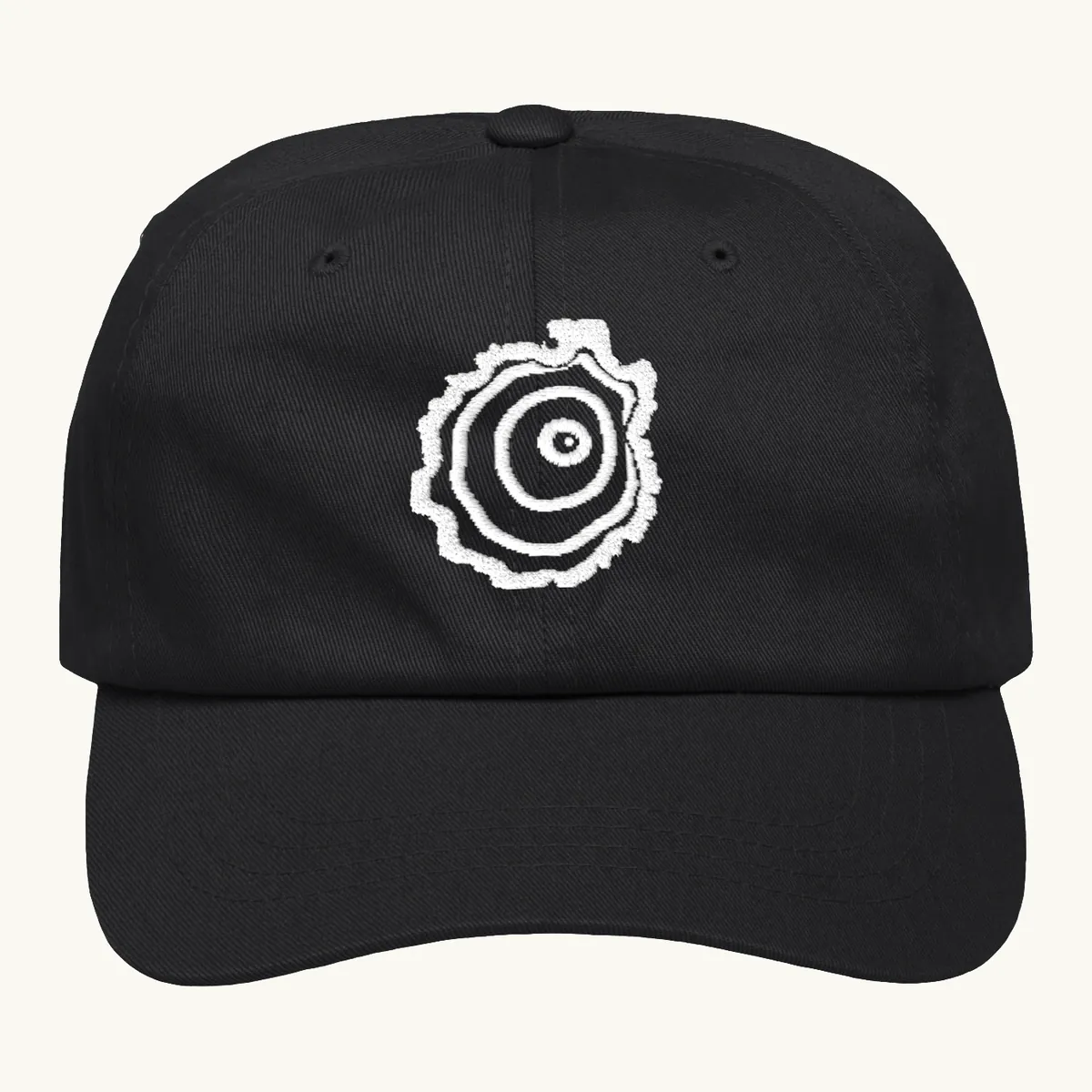 Tree Ring Dad Hat in Black, with the Ring & Ridge tree ring.