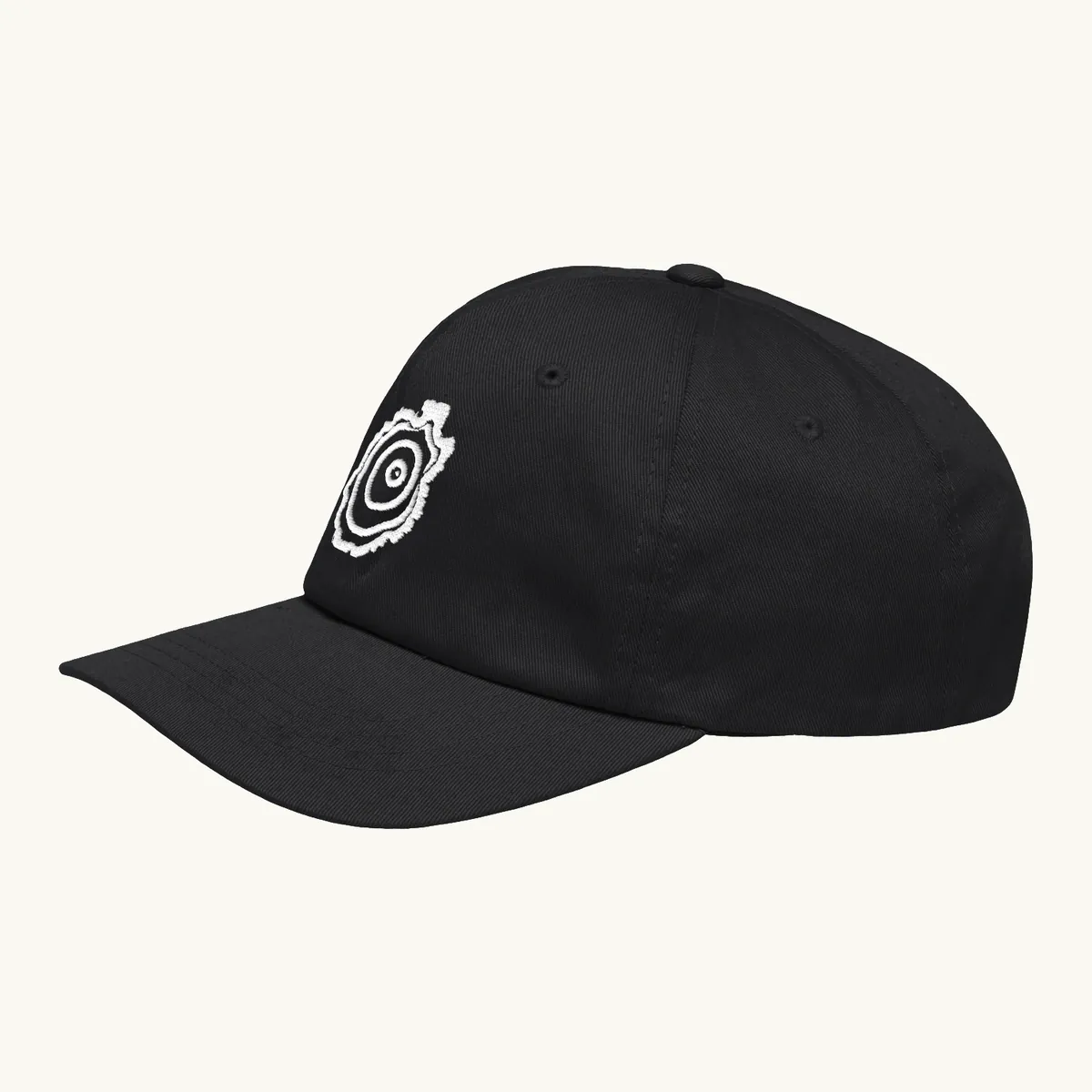 Tree Ring Dad Hat in Black, with the Ring & Ridge tree ring.