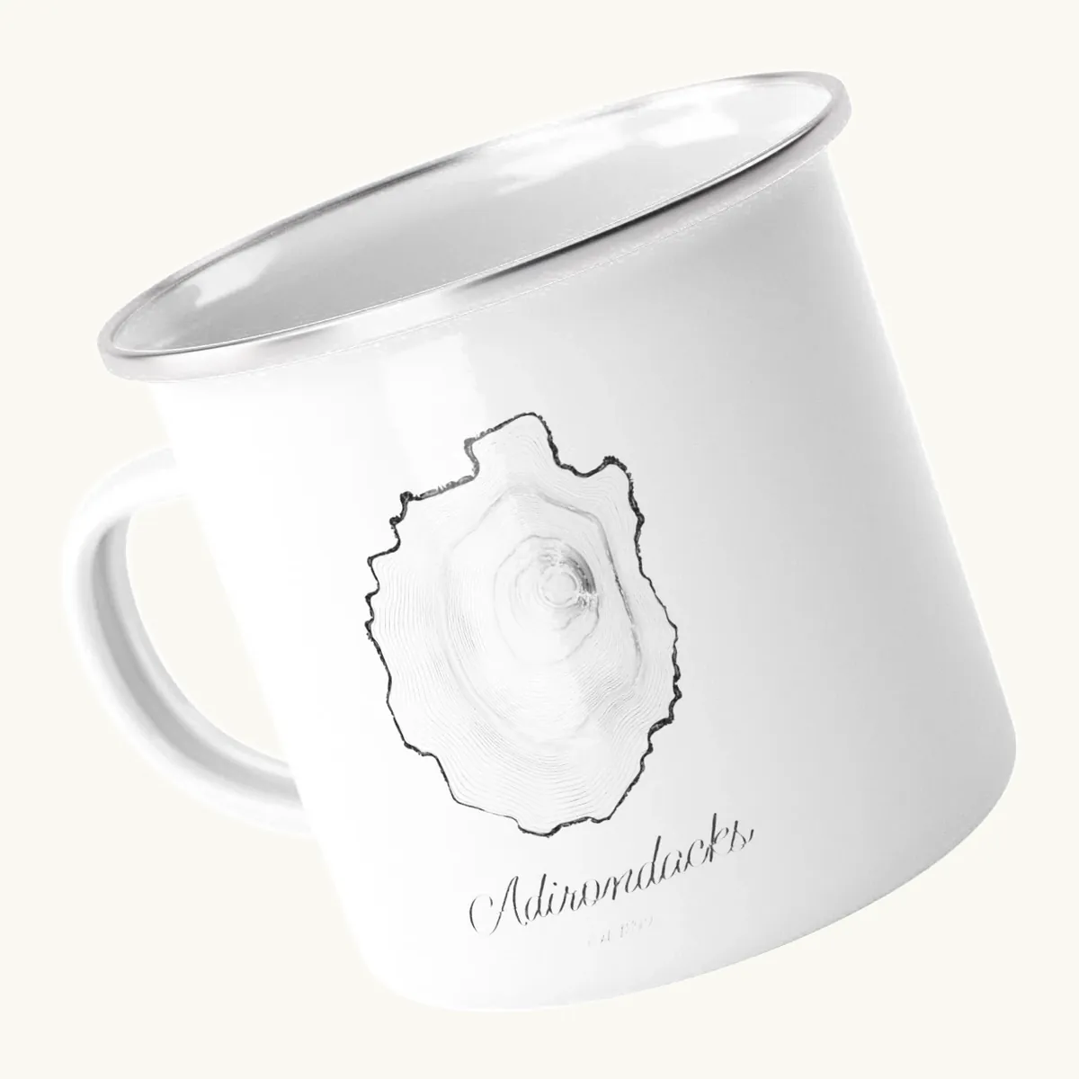 Tree Ring Enamel Camp Mug: the Ring & Ridge tree rings in the shape of the Adirondack Park.