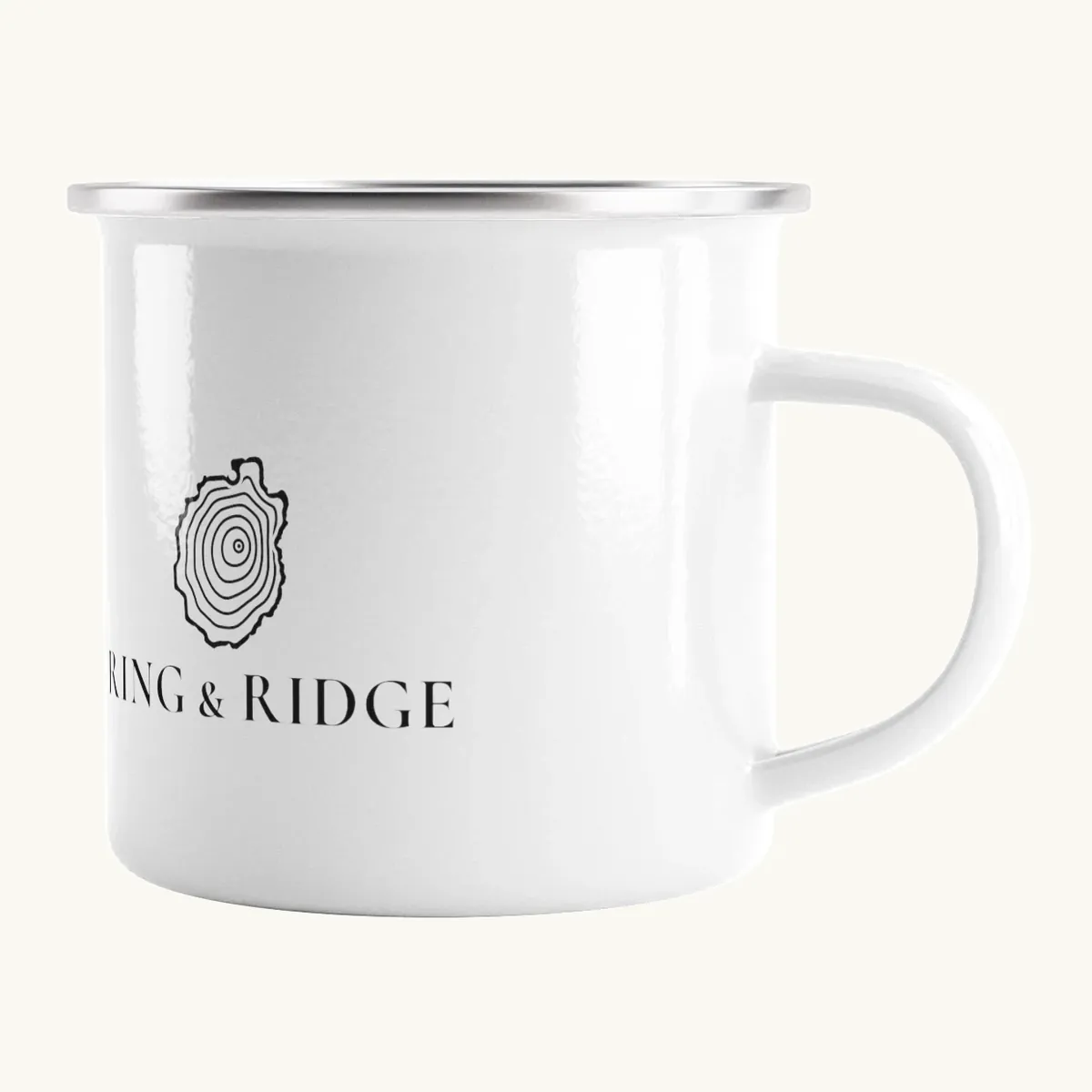 Tree Ring Enamel Camp Mug: the Ring & Ridge tree rings in the shape of the Adirondack Park.