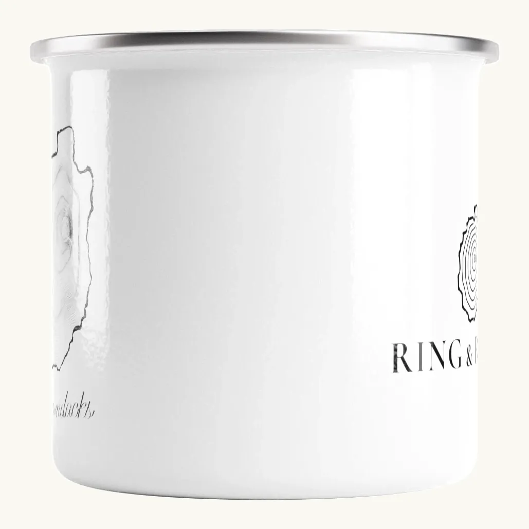 Tree Ring Enamel Camp Mug: the Ring & Ridge tree rings in the shape of the Adirondack Park.