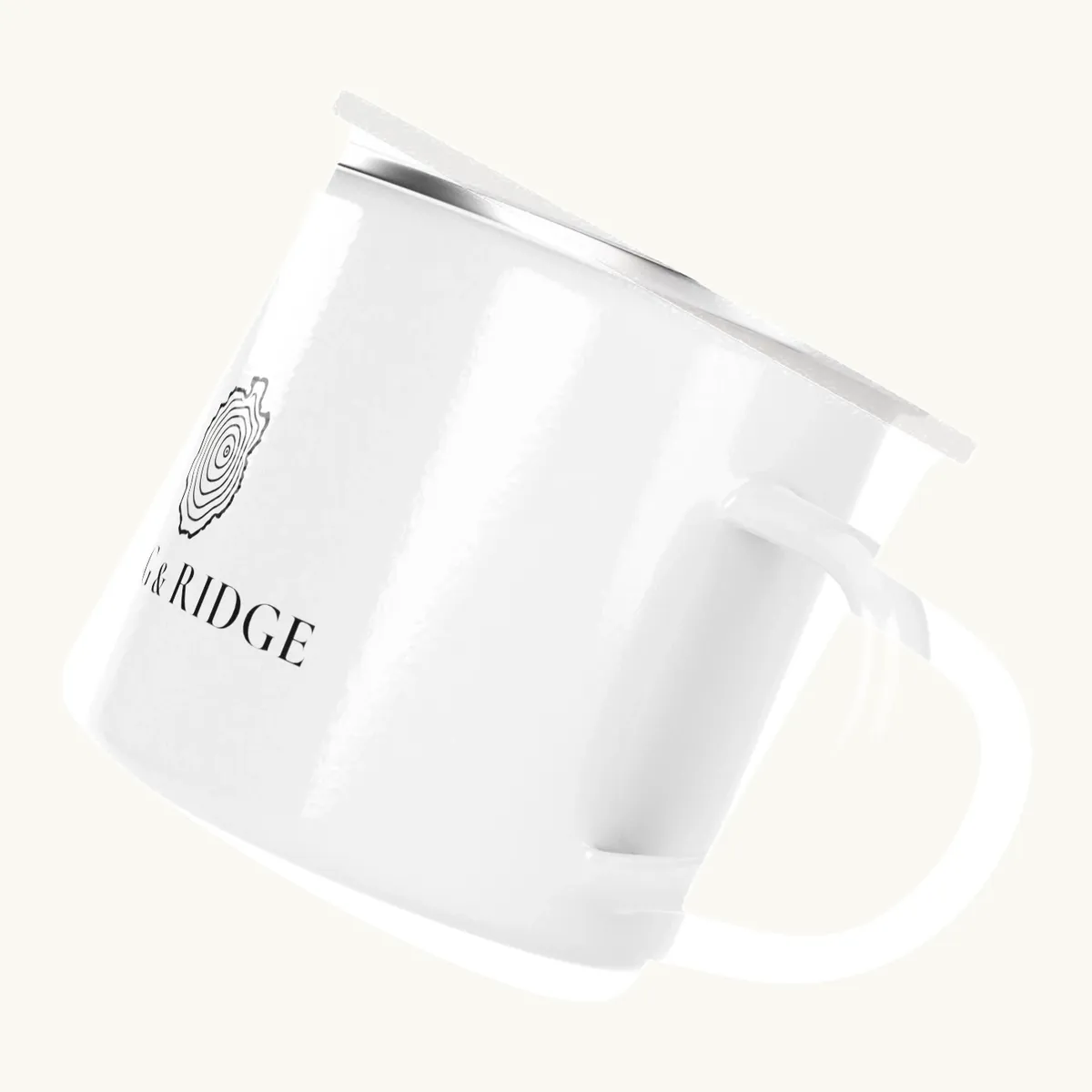 Tree Ring Enamel Camp Mug: the Ring & Ridge tree rings in the shape of the Adirondack Park.
