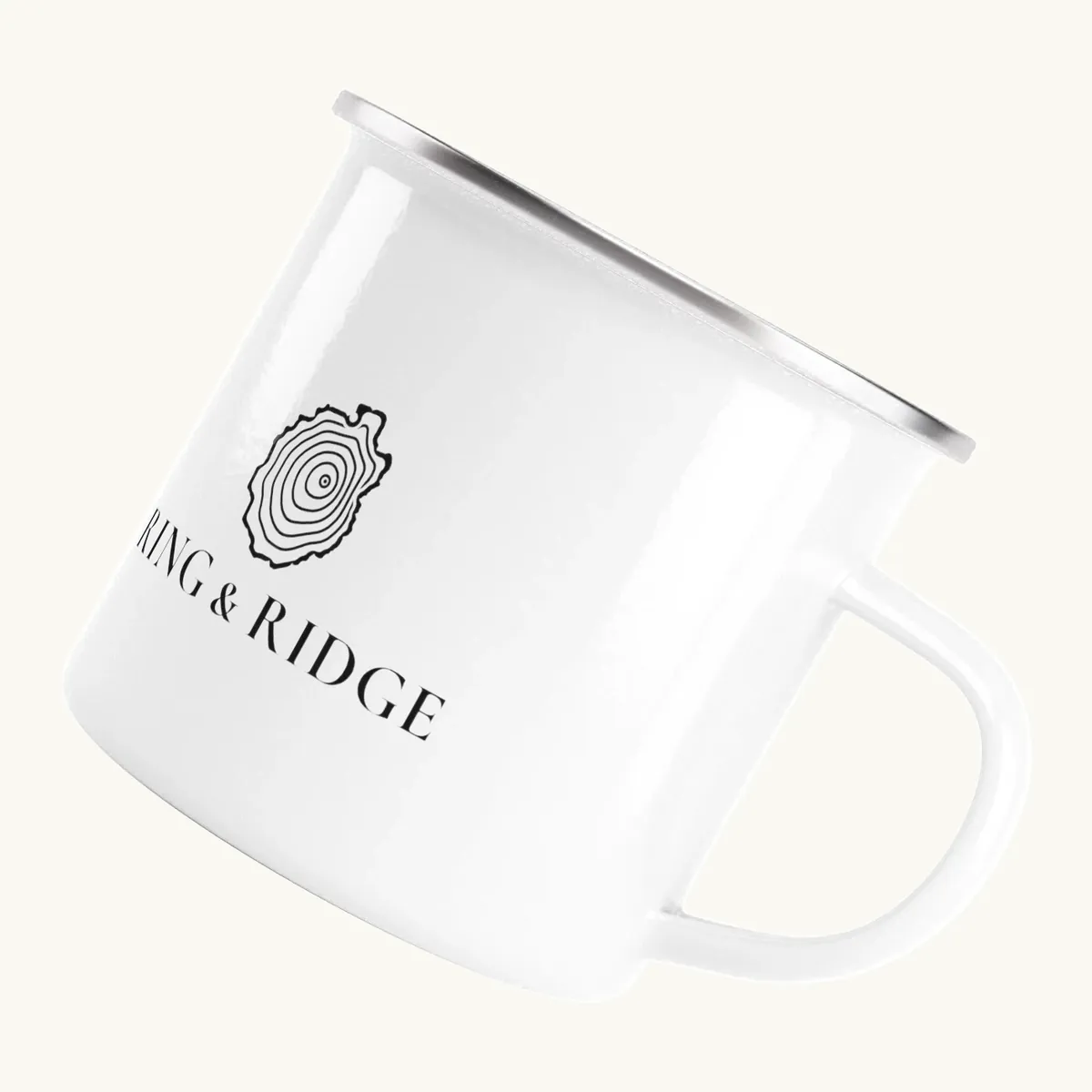 Tree Ring Enamel Camp Mug: the Ring & Ridge tree rings in the shape of the Adirondack Park.