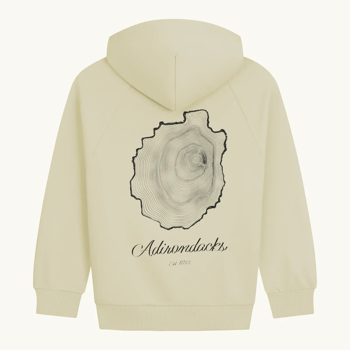 Tree Ring Hoodie in Moss Gray, back: the Ring & Ridge tree rings in the shape of the Adirondack Park.