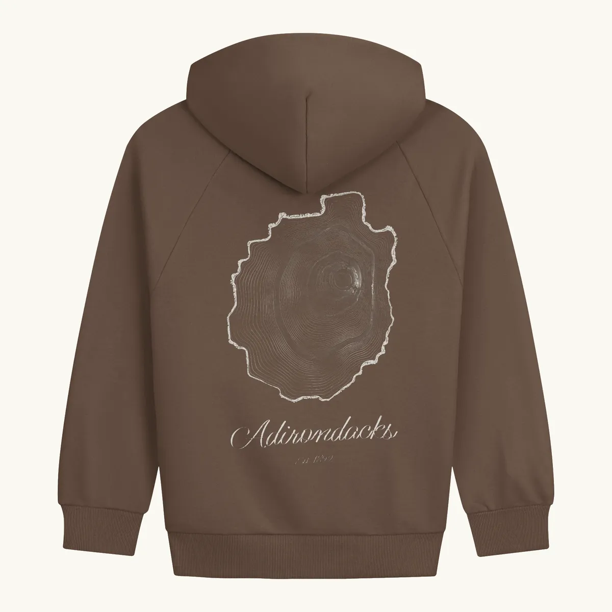 Tree Ring Hoodie in Chocolate Brown, back: the Ring & Ridge tree rings in the shape of the Adirondack Park.