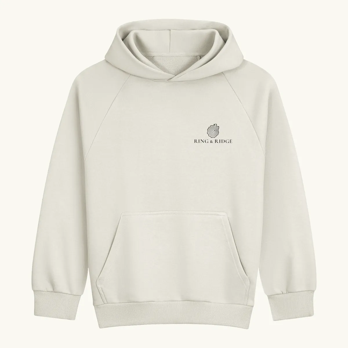 Tree Ring Hoodie in Cream, front: the Ring & Ridge tree rings in the shape of the Adirondack Park.