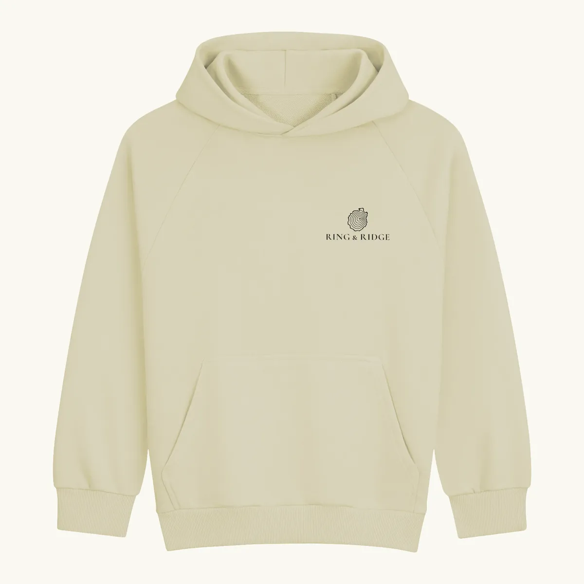 Tree Ring Hoodie in Moss Gray, front: the Ring & Ridge tree rings in the shape of the Adirondack Park.