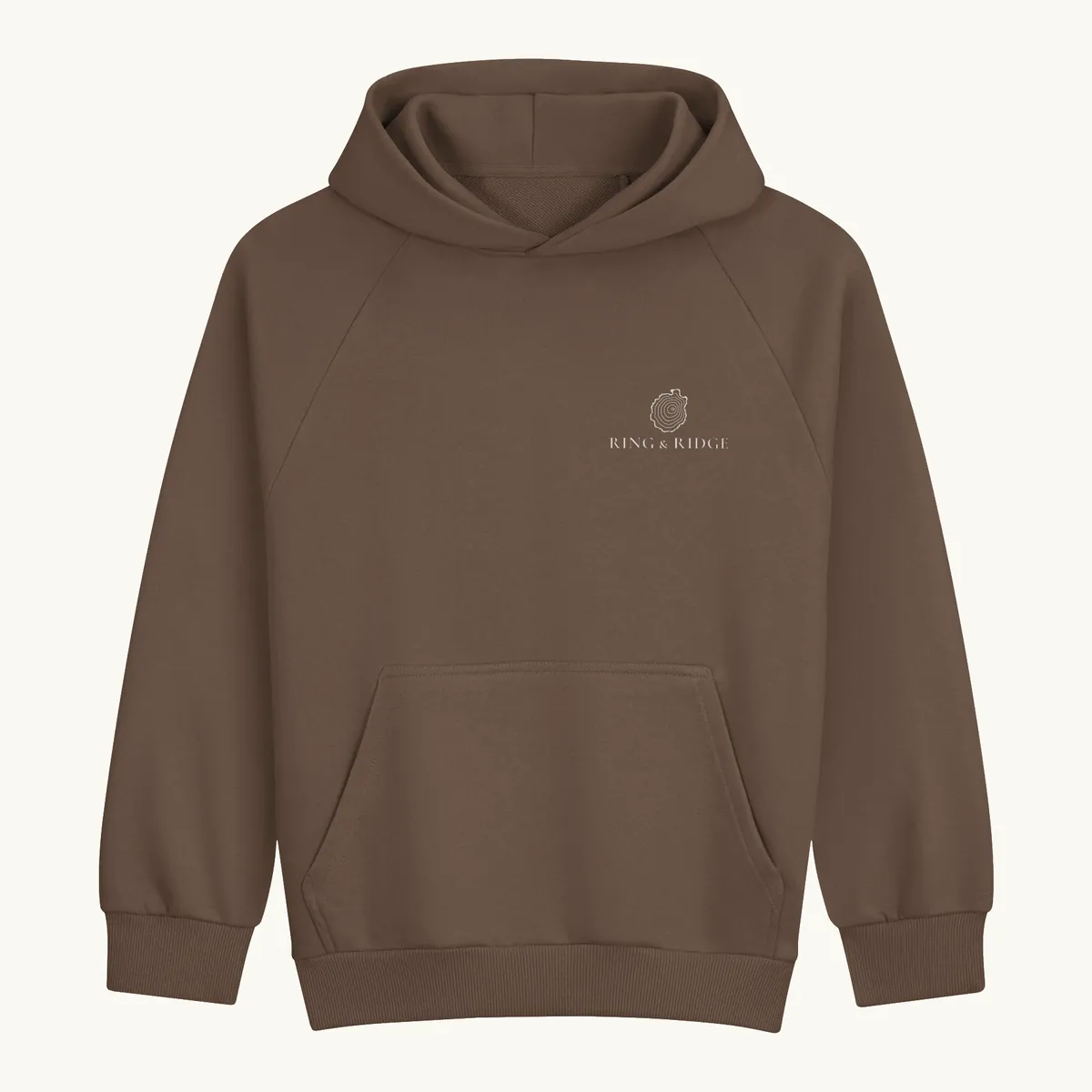 Tree Ring Hoodie in Chocolate Brown, front: the Ring & Ridge tree rings in the shape of the Adirondack Park.