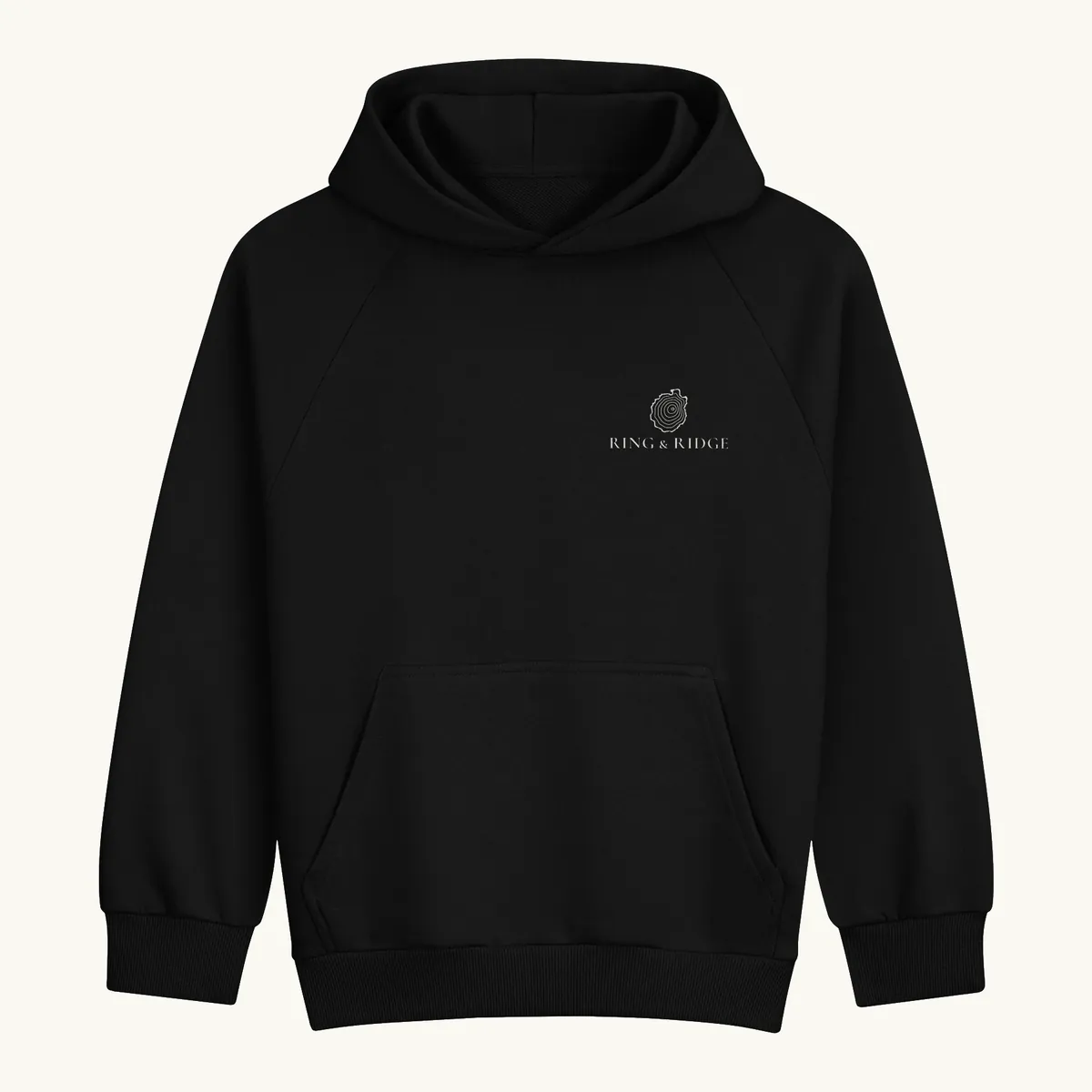 Tree Ring Hoodie in Black, front: the Ring & Ridge tree rings in the shape of the Adirondack Park.
