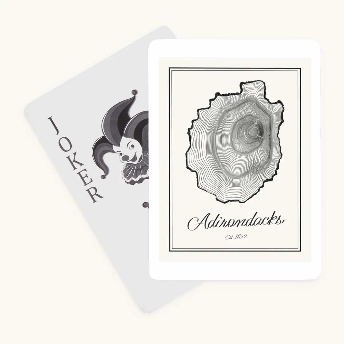 Tree Ring Playing Cards, front: the Ring & Ridge tree rings in the shape of the Adirondack Park.