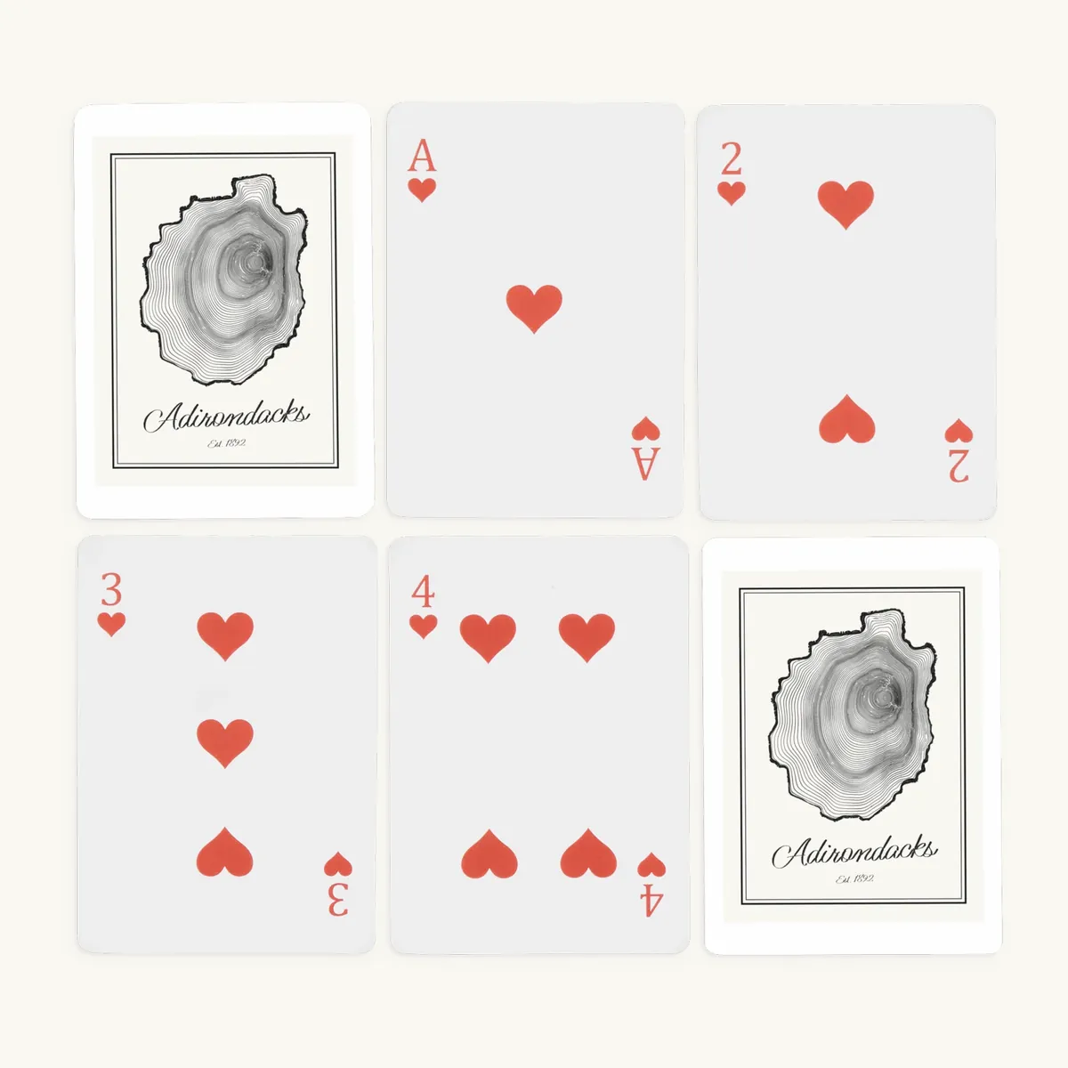Tree Ring Playing Cards, front: the Ring & Ridge tree rings in the shape of the Adirondack Park.
