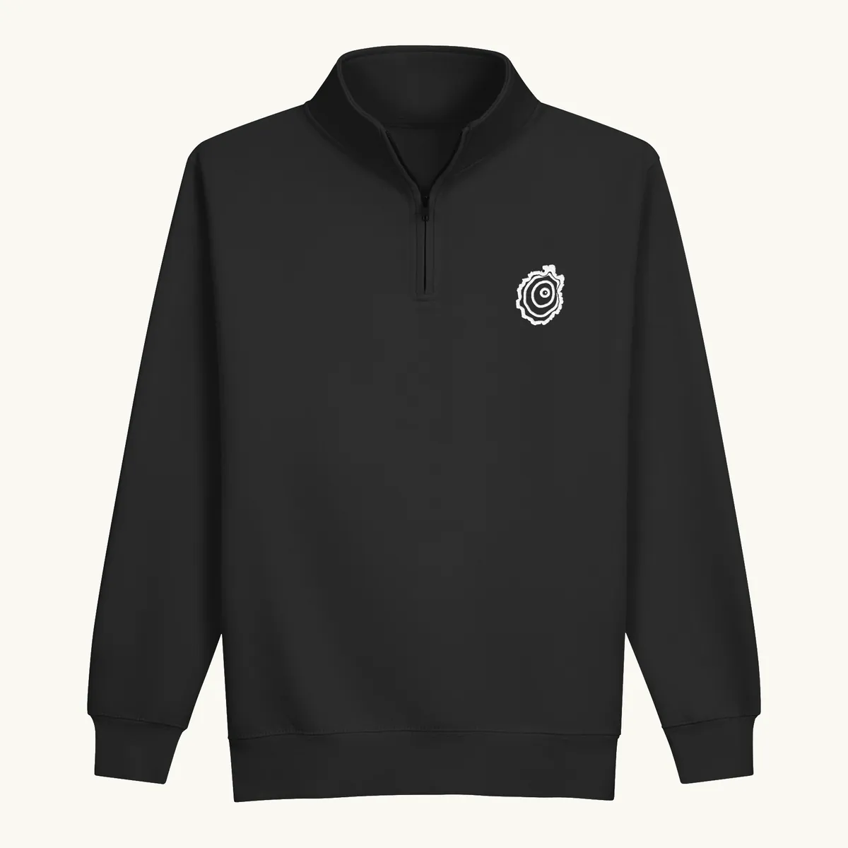 Tree Ring Quarter-Zip in Black, with the Ring & Ridge tree ring.
