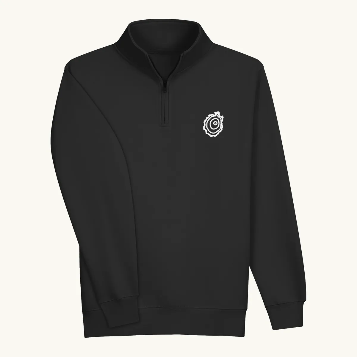Tree Ring Quarter-Zip in Black, with the Ring & Ridge tree ring.