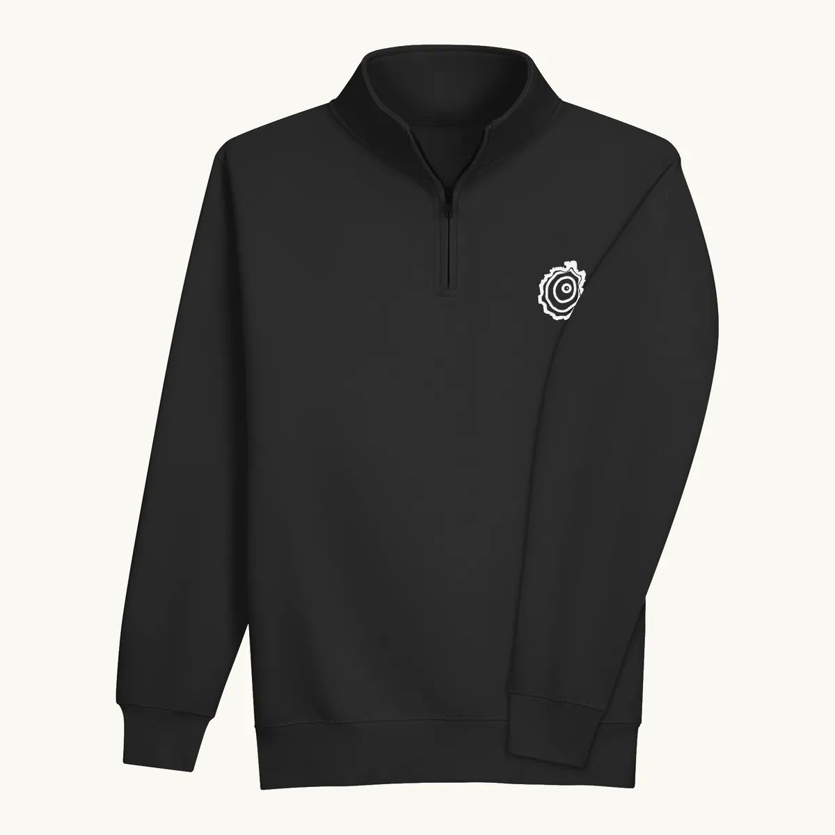 Tree Ring Quarter-Zip in Black, with the Ring & Ridge tree ring.