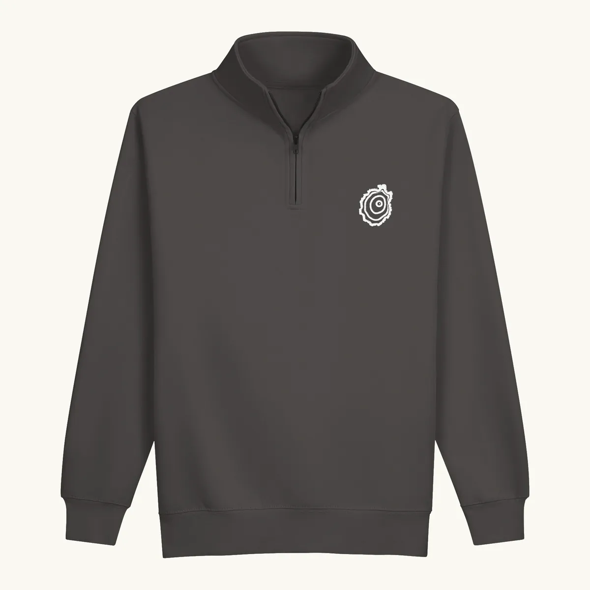 Tree Ring Quarter-Zip in Smoke, with the Ring & Ridge tree ring.