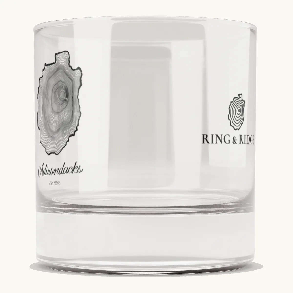 Tree Ring Rocks Glass: the Ring & Ridge tree rings in the shape of the Adirondack Park.