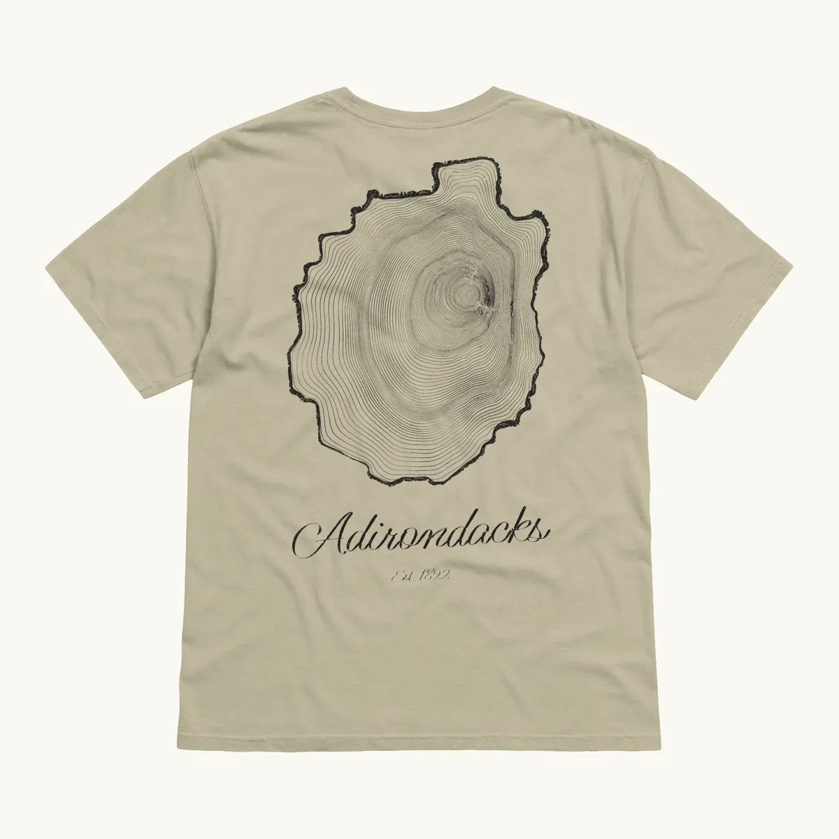 Tree Ring Tee in Khaki, back: the Ring & Ridge tree rings in the shape of the Adirondack Park.