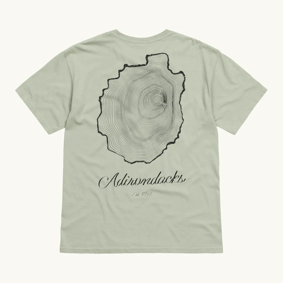 Tree Ring Tee in Bay, back: the Ring & Ridge tree rings in the shape of the Adirondack Park.