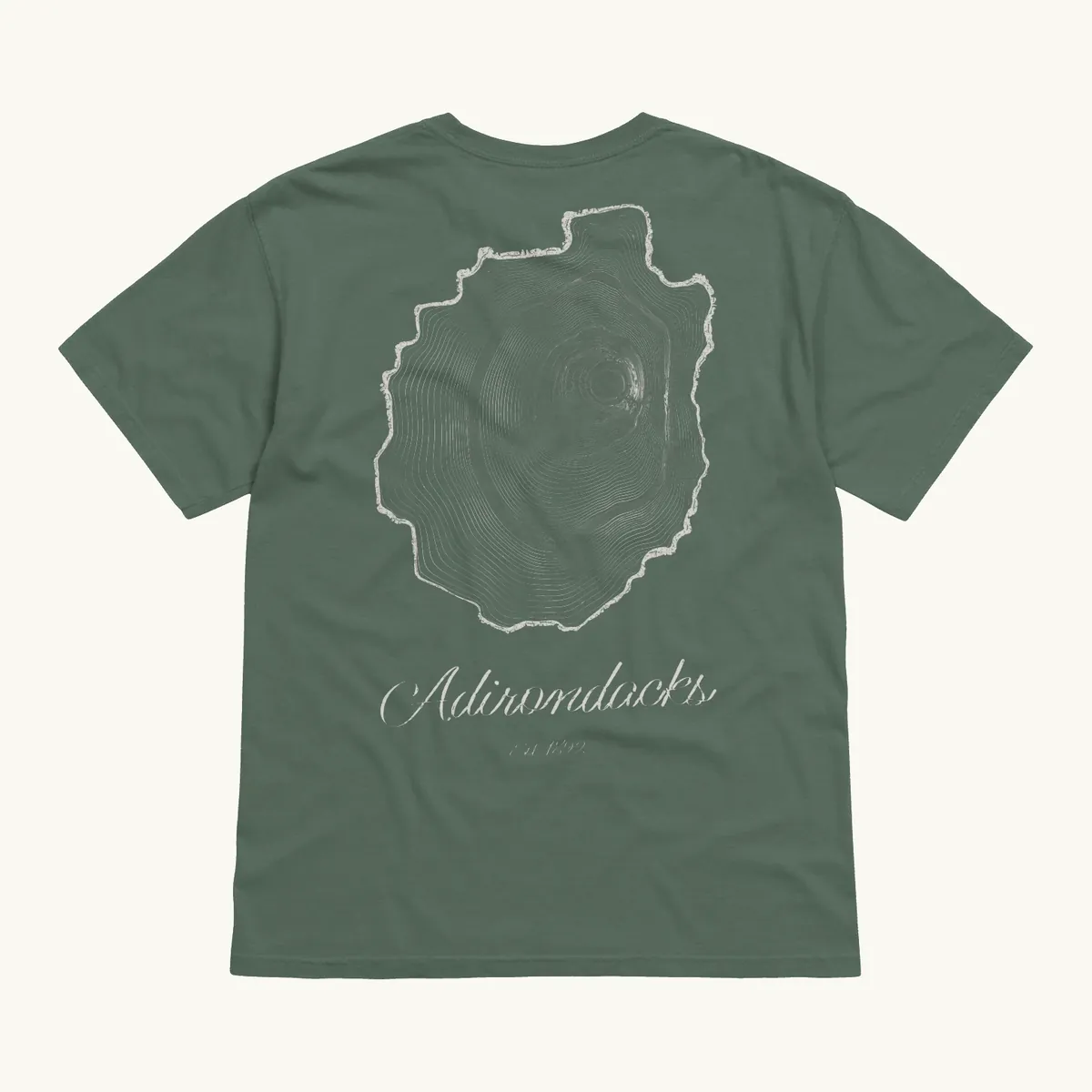 Tree Ring Tee in Blue Spruce, back: the Ring & Ridge tree rings in the shape of the Adirondack Park.