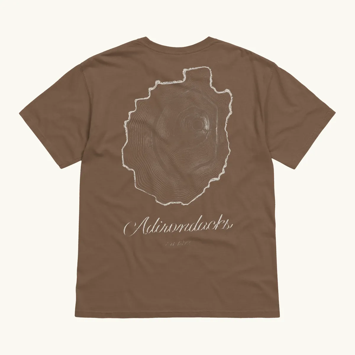 Tree Ring Tee in Espresso, back: the Ring & Ridge tree rings in the shape of the Adirondack Park.