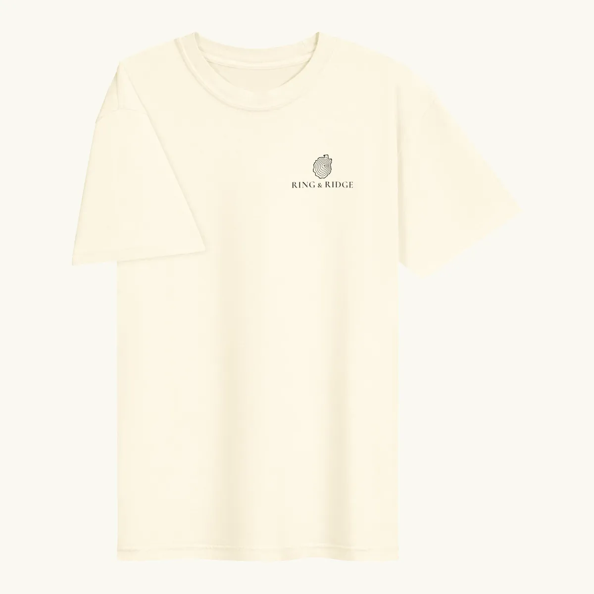 Tree Ring Tee in Ivory, front: the Ring & Ridge tree rings in the shape of the Adirondack Park.