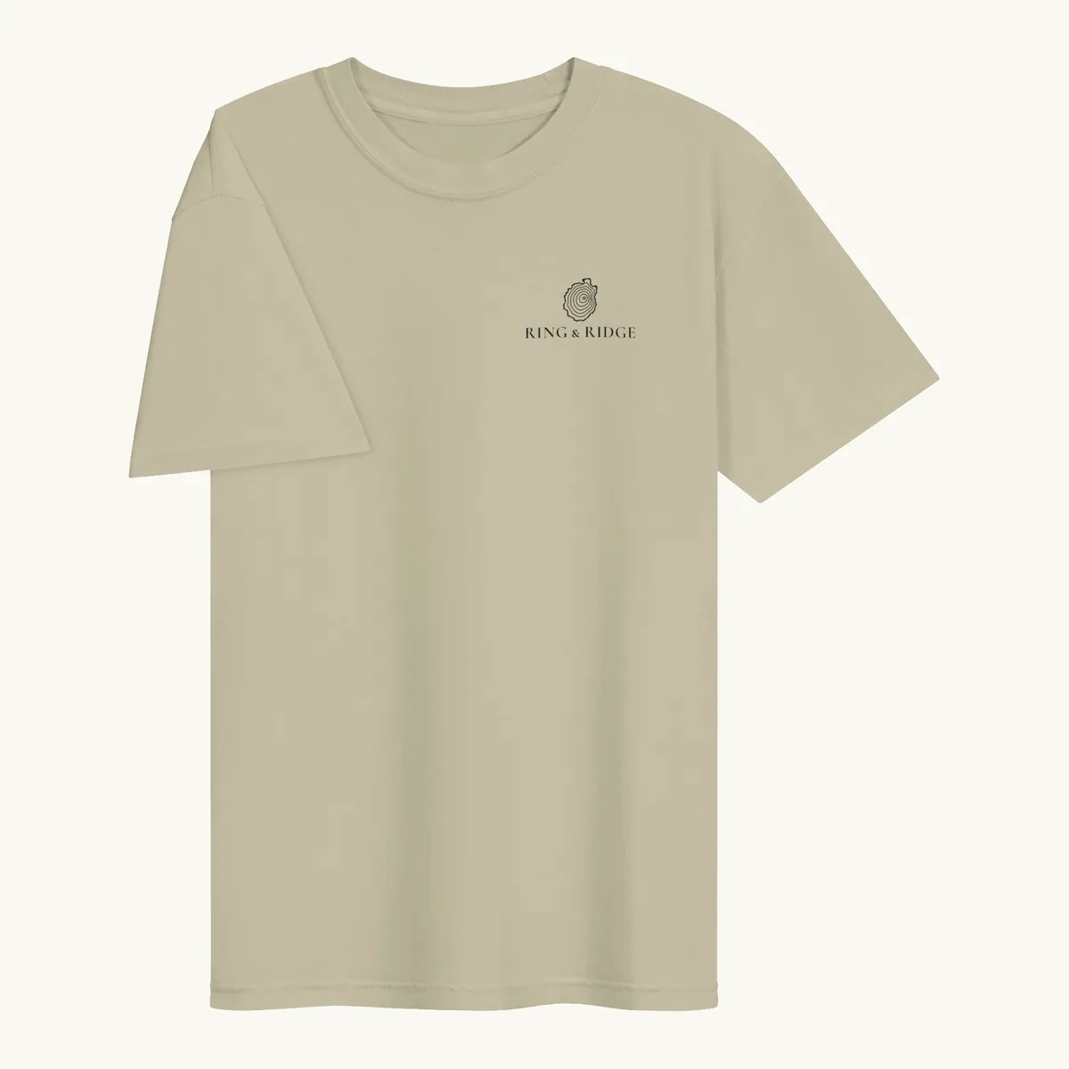 Tree Ring Tee in Khaki, front: the Ring & Ridge tree rings in the shape of the Adirondack Park.
