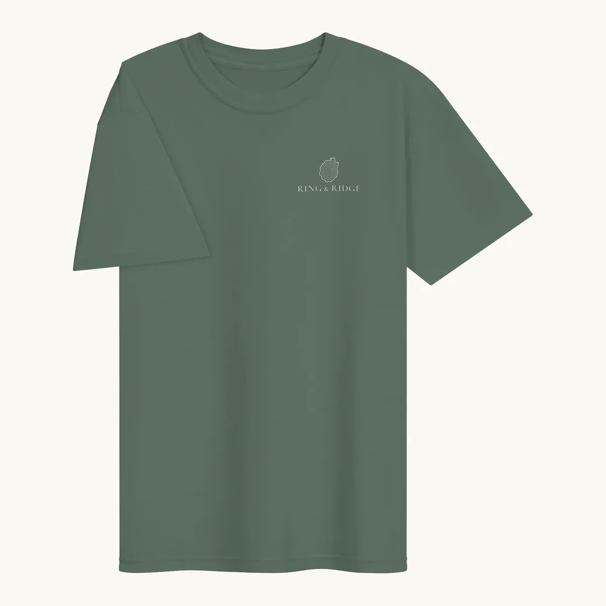 Tree Ring Tee in Blue Spruce, front: the Ring & Ridge tree rings in the shape of the Adirondack Park.
