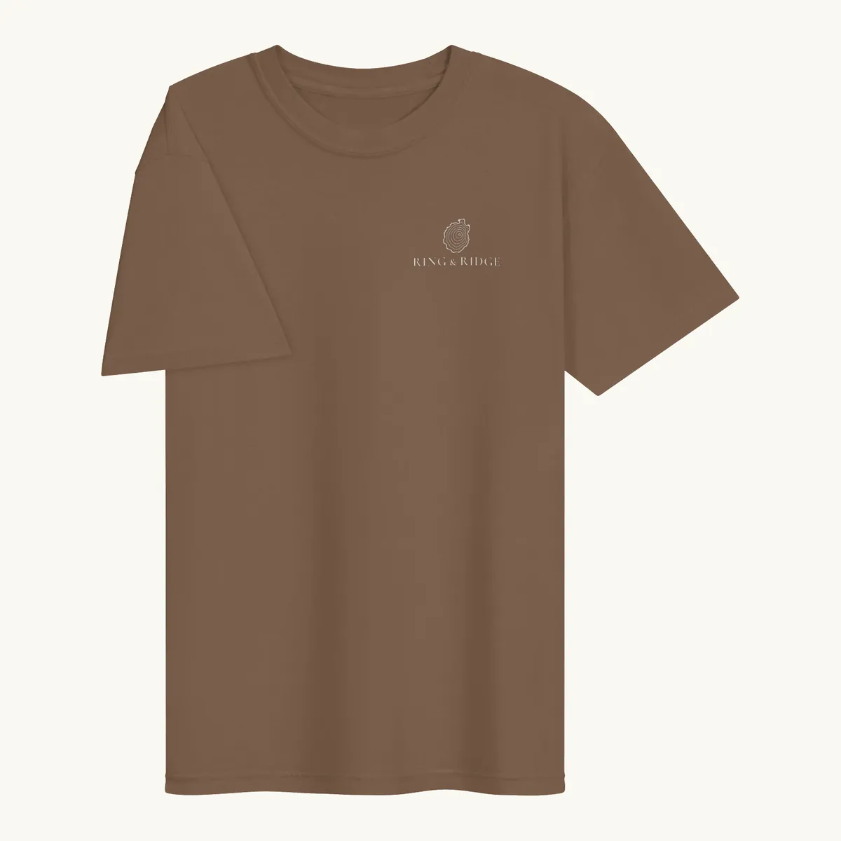 Tree Ring Tee in Espresso, front: the Ring & Ridge tree rings in the shape of the Adirondack Park.