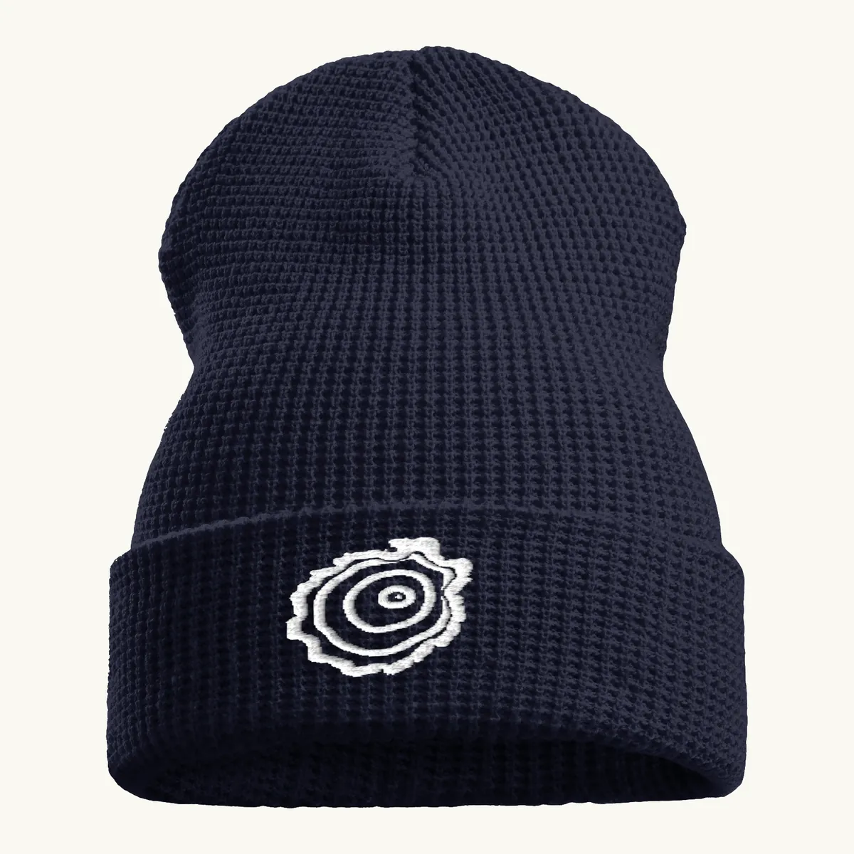 Tree Ring Waffle Beanie in Navy, with the Ring & Ridge tree ring.