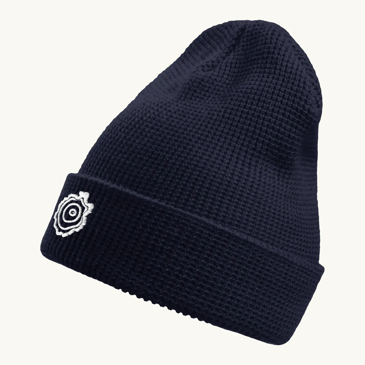 Tree Ring Waffle Beanie in Navy, with the Ring & Ridge tree ring.