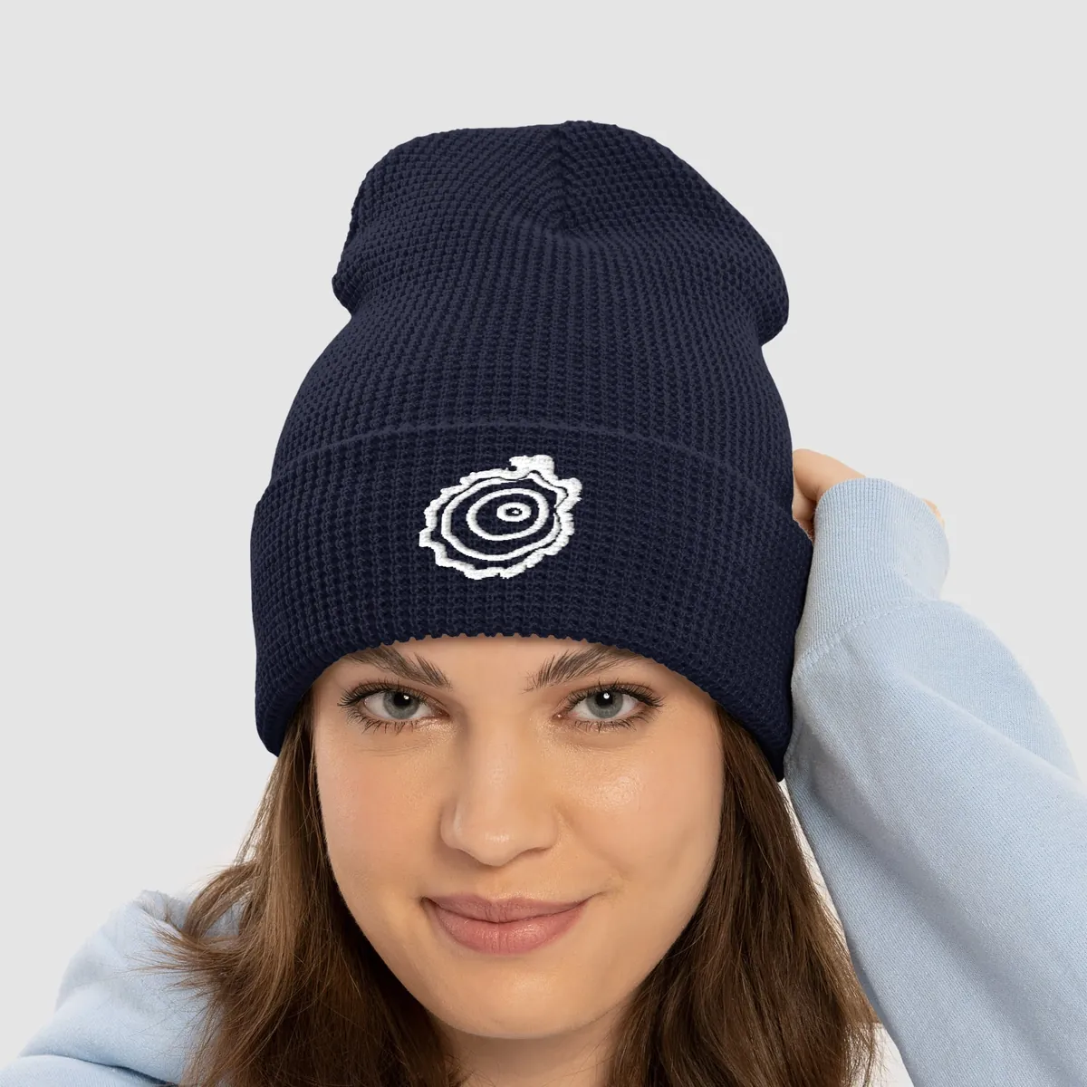 Tree Ring Waffle Beanie in Navy, with the Ring & Ridge tree ring.