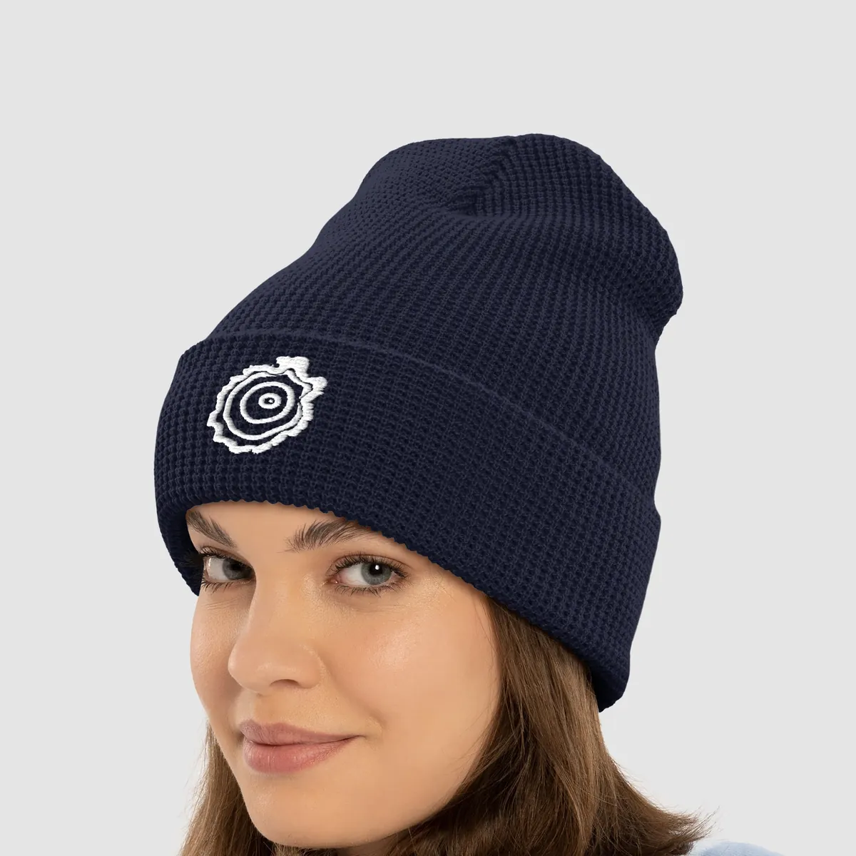Tree Ring Waffle Beanie in Navy, with the Ring & Ridge tree ring.