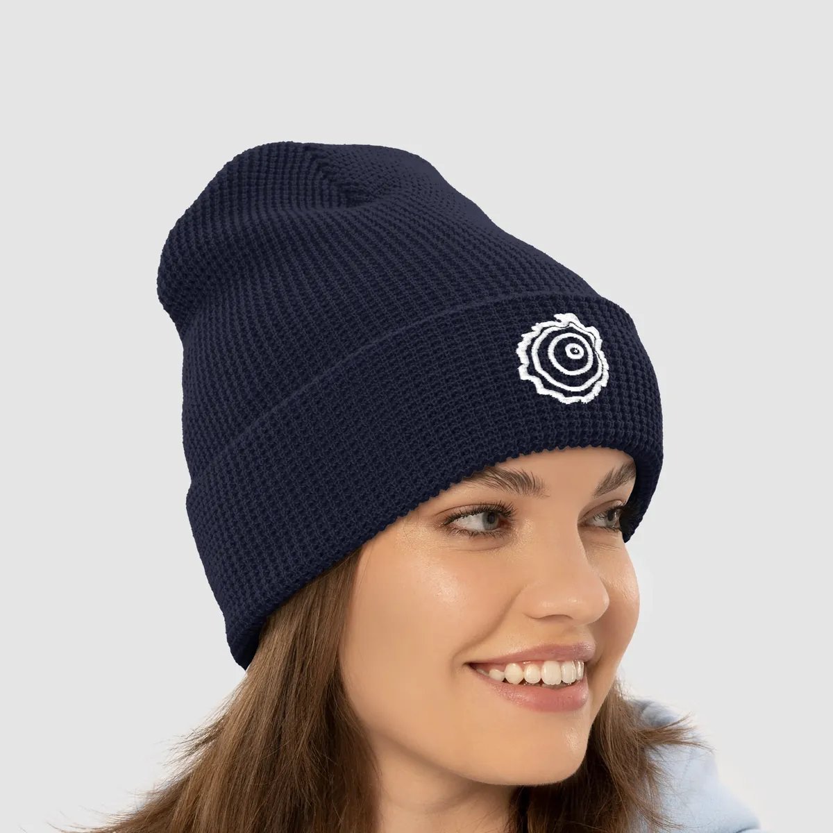 Tree Ring Waffle Beanie in Navy, with the Ring & Ridge tree ring.