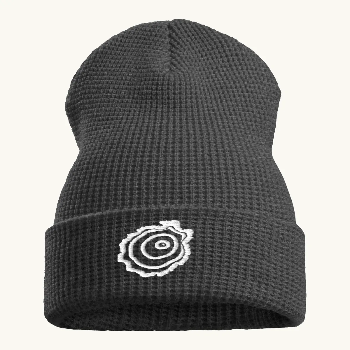Tree Ring Waffle Beanie in Heather Charcoal, with the Ring & Ridge tree ring.