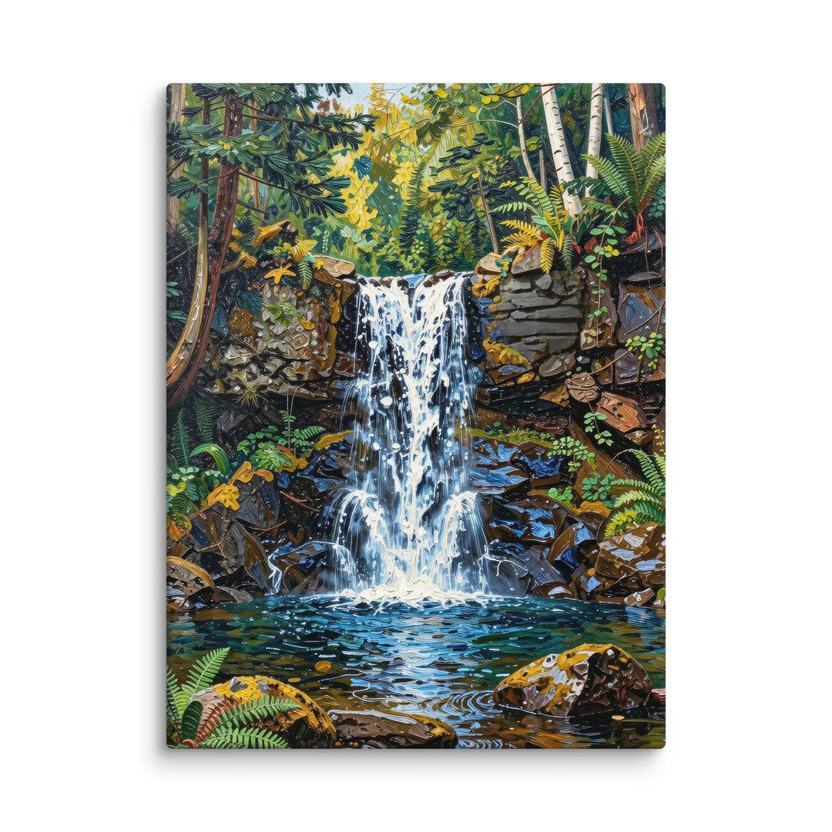 Waterfall in the Woods as a 12 by 16 inch canvas: a waterfall pouring over dark rock ledges into a clear pool in the woods, with ferns, moss and white birches, in bold oil-painting brushstrokes.