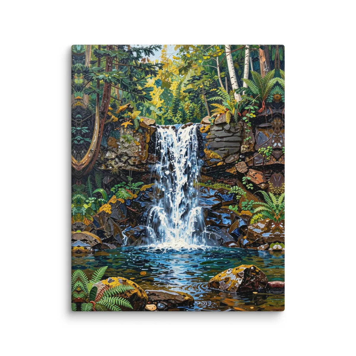 Waterfall in the Woods as a 16 by 20 inch canvas: a waterfall pouring over dark rock ledges into a clear pool in the woods, with ferns, moss and white birches, in bold oil-painting brushstrokes.