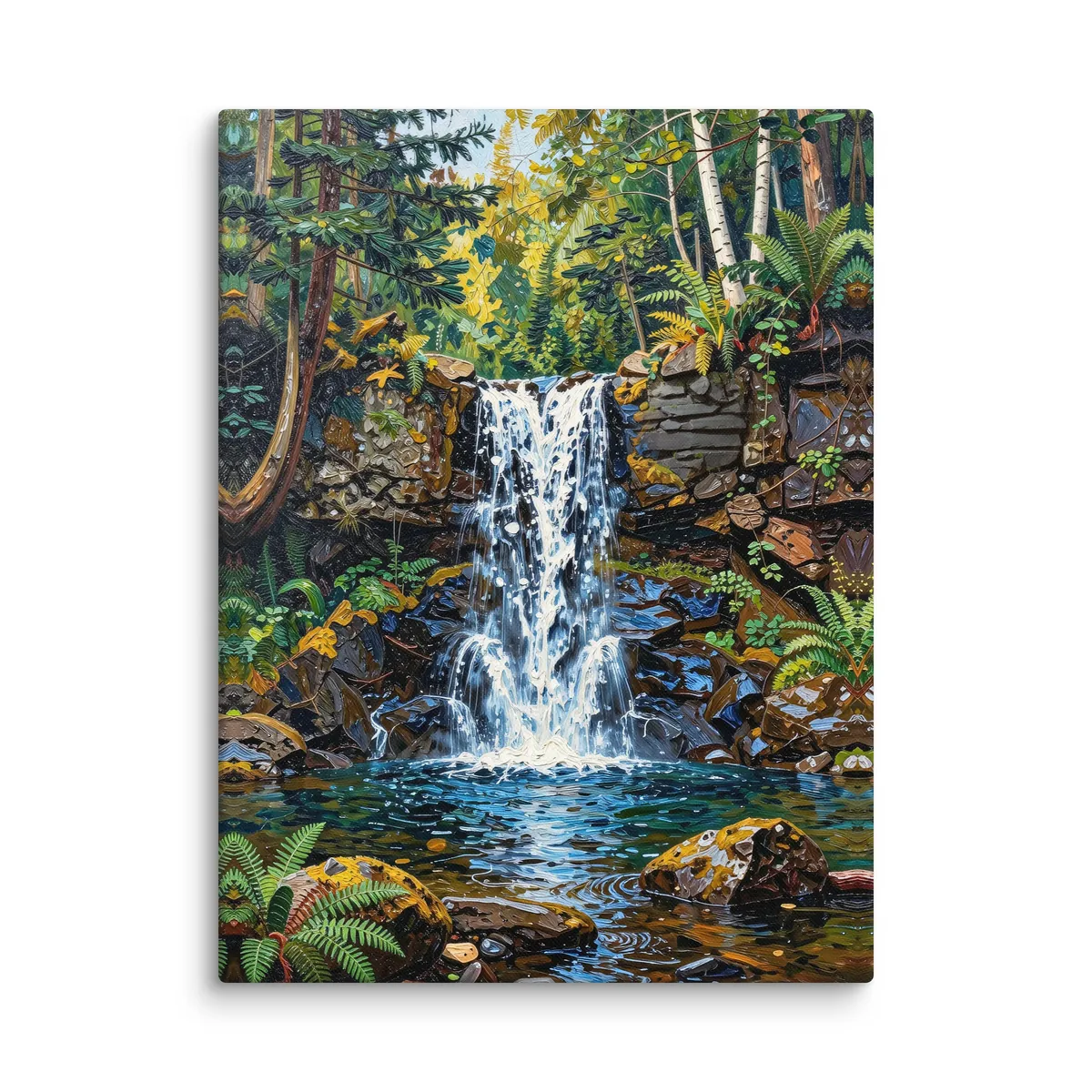 Waterfall in the Woods as an 18 by 24 inch canvas: a waterfall pouring over dark rock ledges into a clear pool in the woods, with ferns, moss and white birches, in bold oil-painting brushstrokes.
