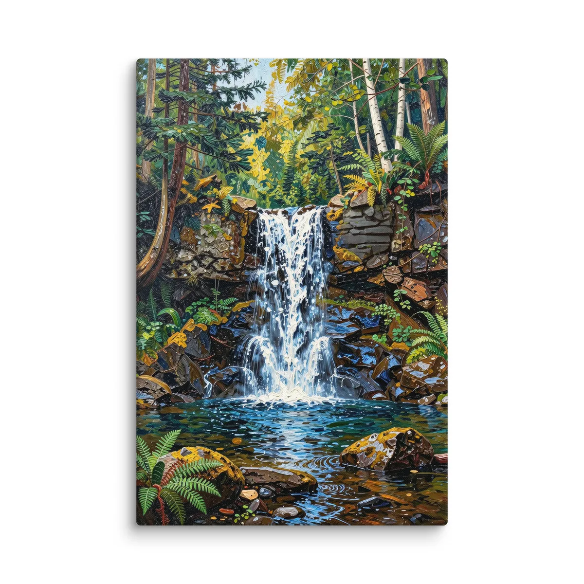 Waterfall in the Woods as a 24 by 36 inch canvas: a waterfall pouring over dark rock ledges into a clear pool in the woods, with ferns, moss and white birches, in bold oil-painting brushstrokes.