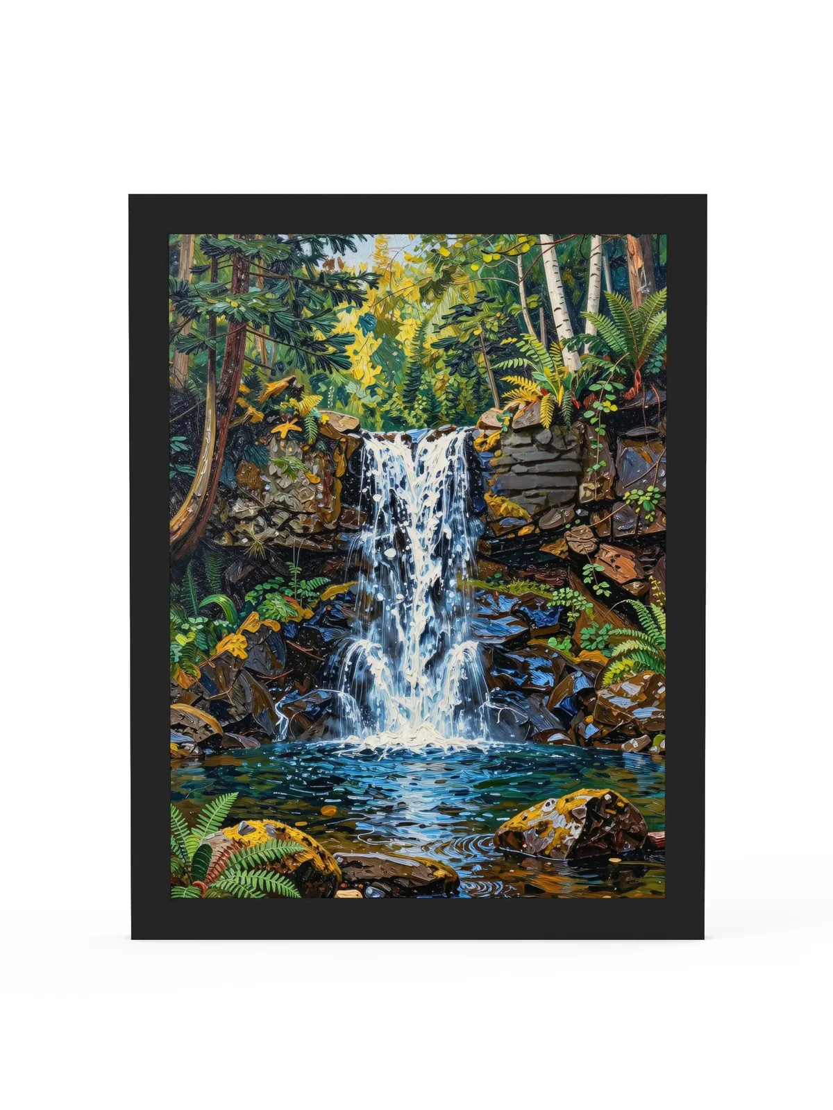 Waterfall in the Woods as a 12 by 16 inch framed print in a black frame: a waterfall pouring over dark rock ledges into a clear pool in the woods, with ferns, moss and white birches, in bold oil-painting brushstrokes.